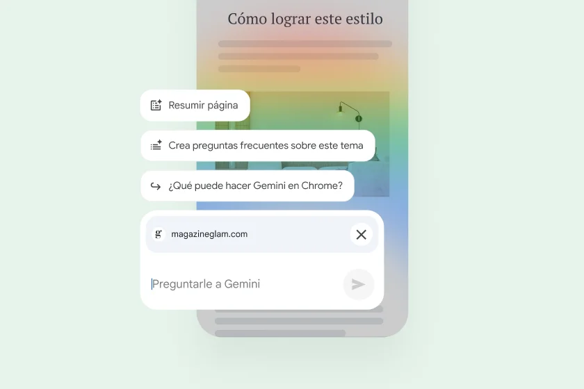 En una página web desde un teléfono celular, los controles permiten al usuario resumir la página, encontrar sitios relacionados o hacerle una pregunta a Gemini.