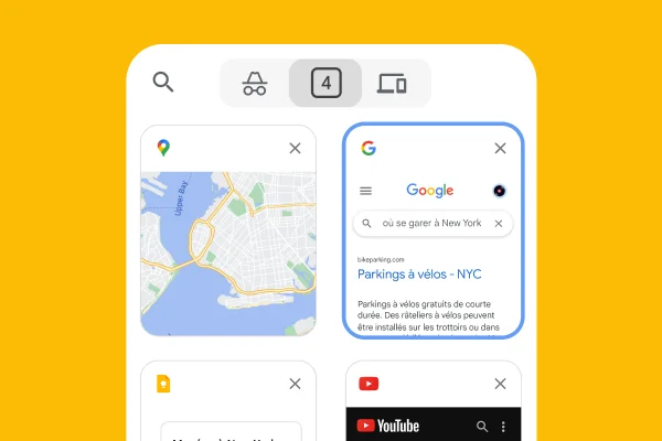 Un navigateur mobile charge les onglets du navigateur d'un ordinateur, y compris Google Maps et les informations de stationnement à New York.