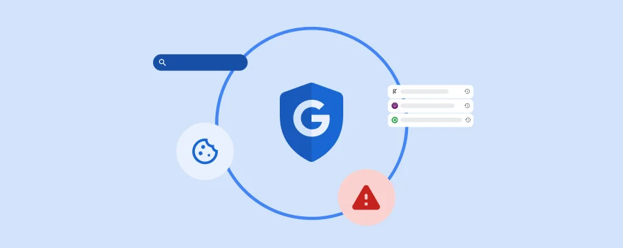 Un badge Google entouré d'icônes en lien avec la confidentialité rappelle que Google vous permet de contrôler votre confidentialité en ligne