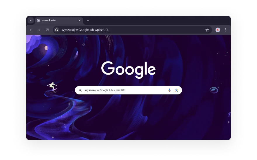 Abstrakcyjny interfejs Chrome otoczony ikonami reprezentującymi kategorie rozszerzeń przeglądarki. Ikony oznaczają zakupy, rozrywkę, narzędzia, sztukę i projektowanie oraz ułatwienia dostępu.