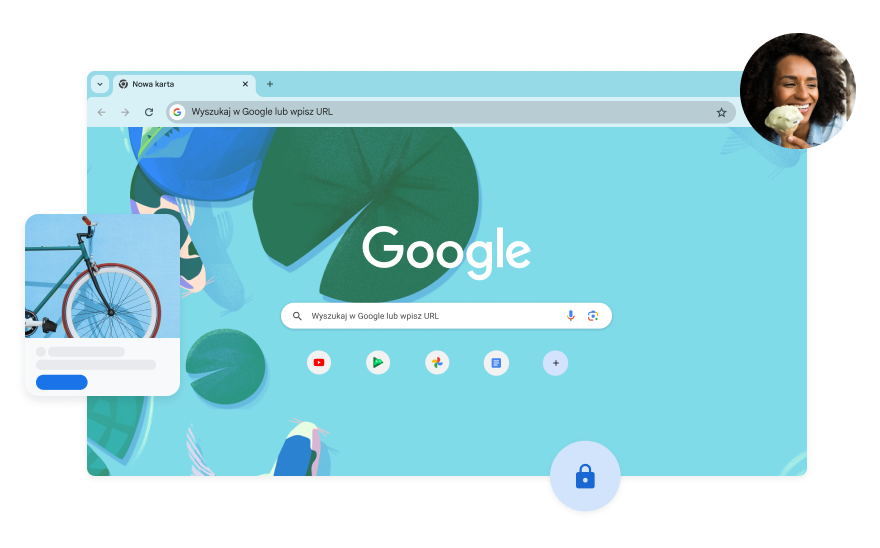 Tło strony w wyszukiwarce Google zawierające niebieską ilustrację przedstawiającą rybę w stawie z karpiami koi. W rogu widać zdjęcie kobiety.