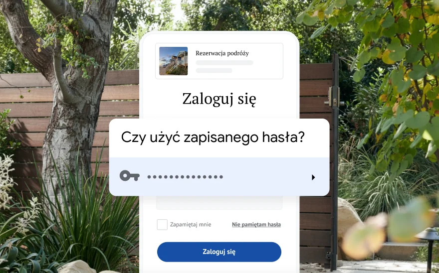 Strona logowania do rezerwacji wycieczki z zapytaniem o użycie zapisanego hasła. W tle znajduje się krajobraz.