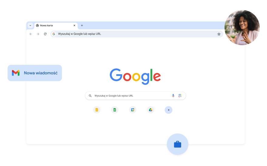 Białe tło strony w wyszukiwarce Google. W rogu widać zdjęcie kobiety.