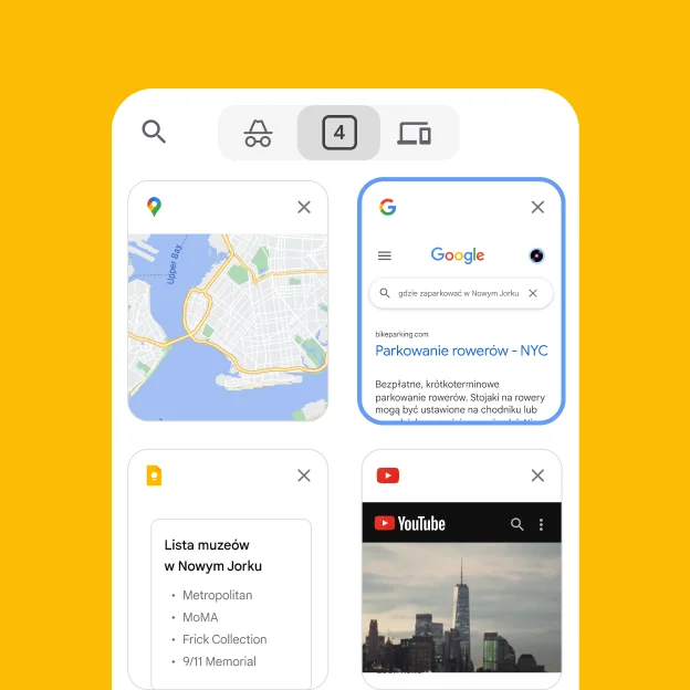Przeglądarka mobilna wczytuje karty z przeglądarki na komputerze, w tym Mapy Google i informacje o parkingach w Nowym Jorku.
