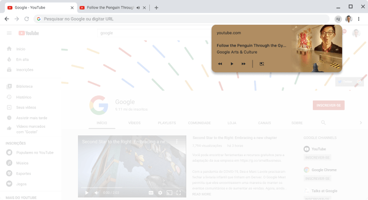 Janela do navegador Chrome exibindo a caixa de diálogo de controles de mídia.