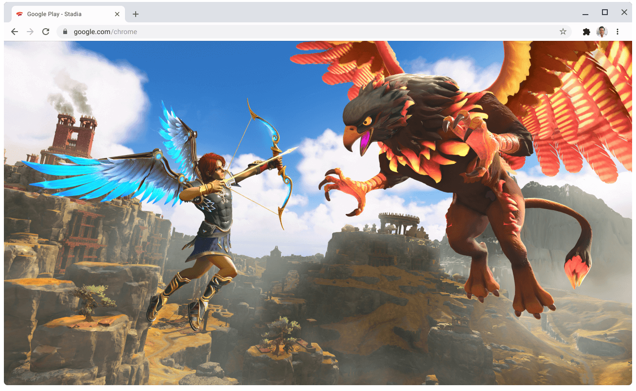 Mostra uma página da Web do stadia.google.com com um jogo em andamento.