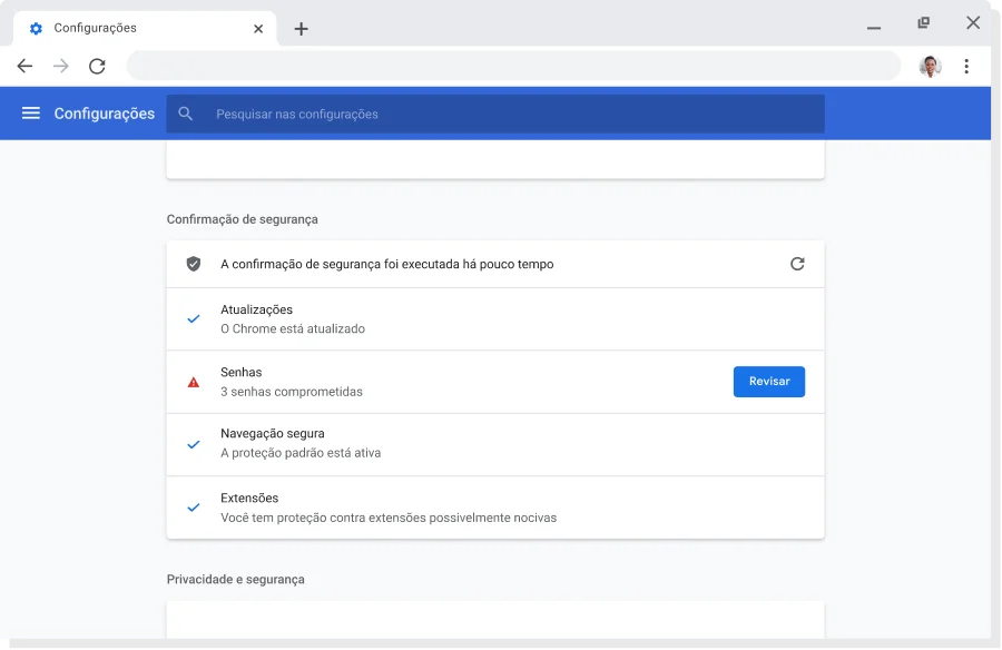 Janela do navegador Chrome exibindo as configurações de conta e sincronização para Contas do Google em que a sincronização está ativada.
