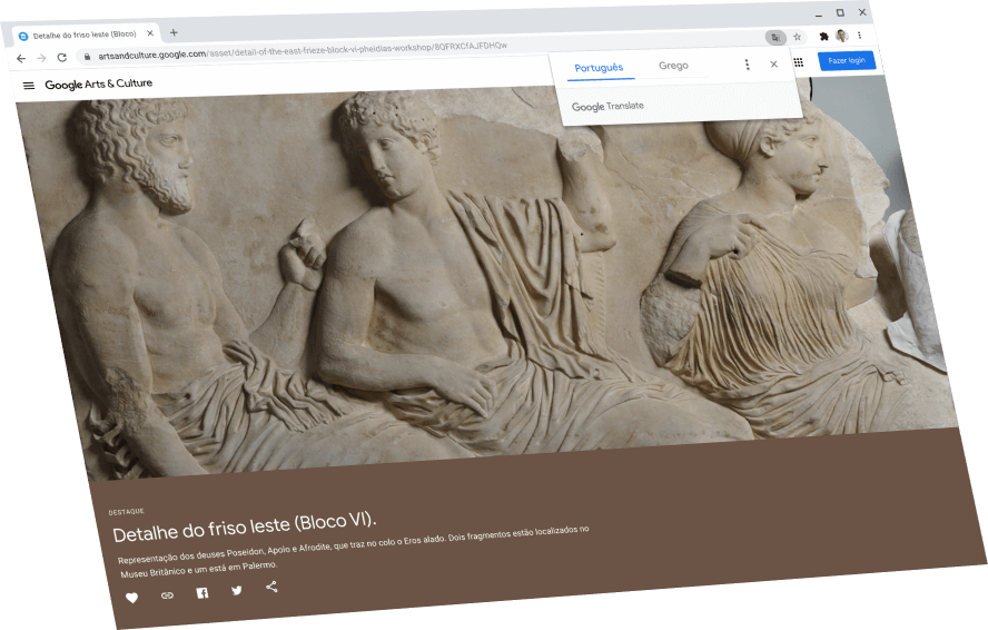 Mostra uma página do Google Arts & Culture com uma caixa de diálogo do Google Tradutor acima dela traduzindo-a para o inglês.