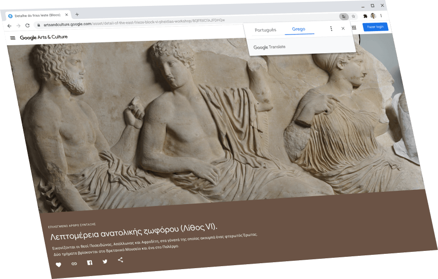 Mostra uma página do Google Arts & Culture com uma caixa de diálogo do Google Tradutor acima dela exibindo o texto original em grego.