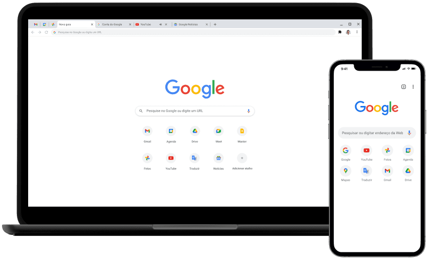 Laptop e dispositivo móvel mostrando a página inicial google.com.br.