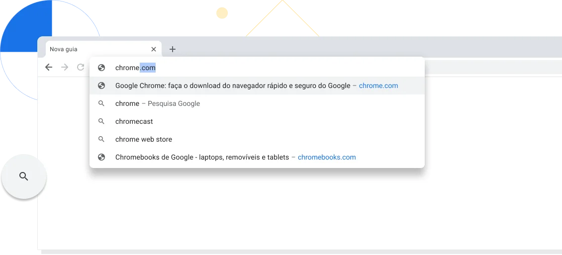 Visualização ampliada de uma nova guia em uma janela do navegador Chrome com chrome.com inserido na barra de endereço.