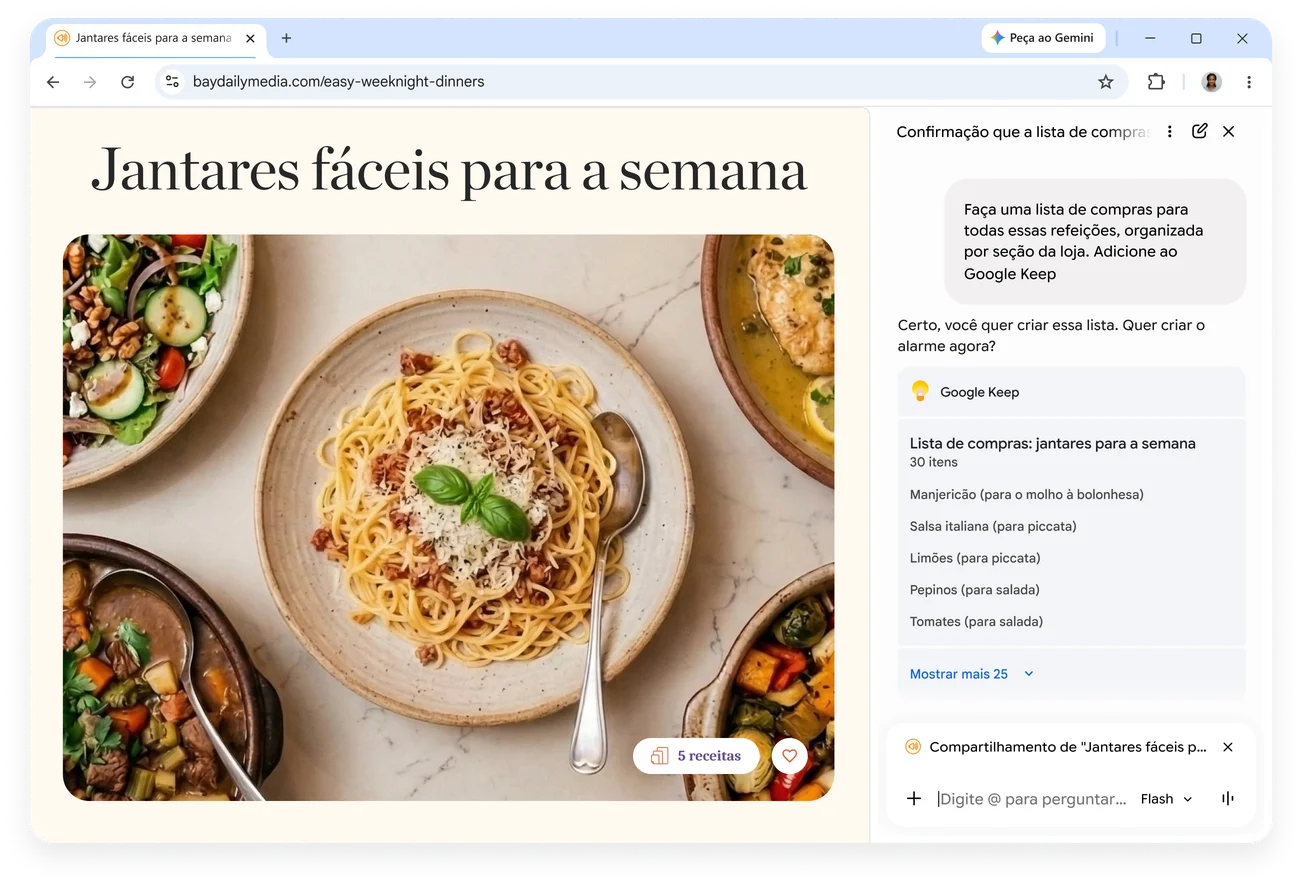O Gemini no Chrome cria uma lista de compras com base em uma receita. Depois, o Modo IA cria uma tabela comparando colchões para dor lombar.