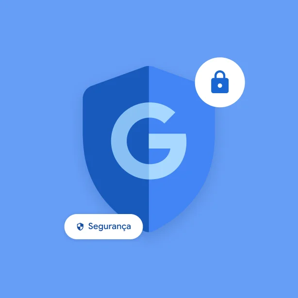 Vários ícones indicam a segurança do Google, incluindo um G do Google em um escudo, um cadeado e um pequeno ícone que diz
