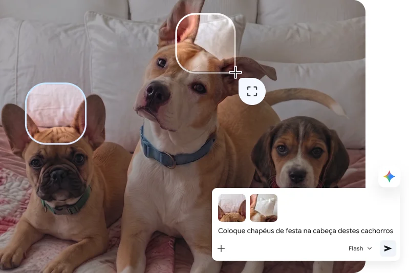Um usuário seleciona dois dos três cachorros em uma foto. Ele pede ao Gemini no Chrome para adicionar chapéus de festa aos cães selecionados.