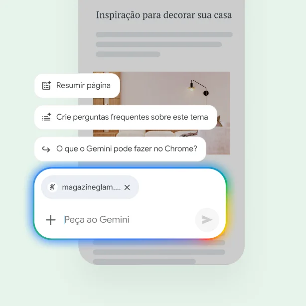 A página da web de um celular apresenta controles para o usuário resumir a página, encontrar sites relacionados ou fazer uma pergunta ao Gemini.