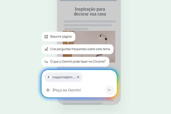 A página da web de um celular apresenta controles para o usuário resumir a página, encontrar sites relacionados ou fazer uma pergunta ao Gemini.