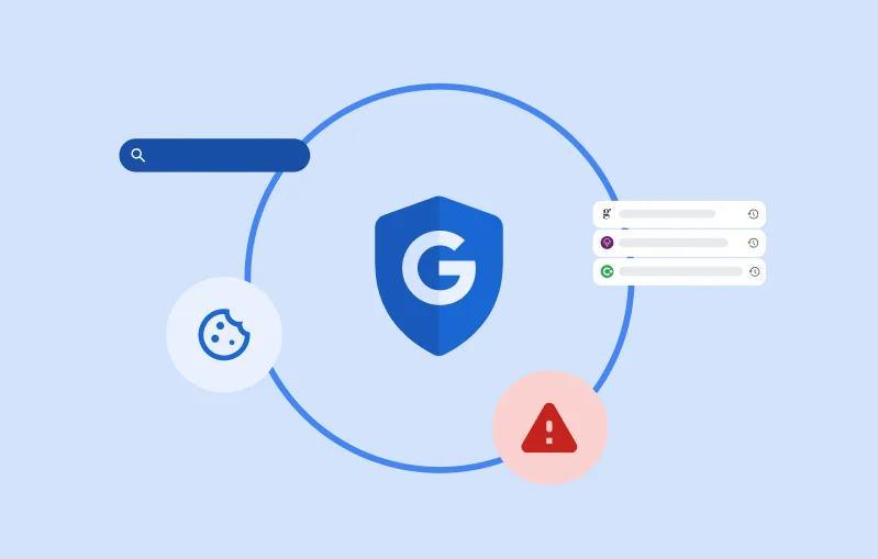 Ilustração de um escudo azul de segurança do Google centralizado em um anel, cercado por ícones que representam pesquisa, cookies, histórico de navegação e alertas de ameaças à segurança.