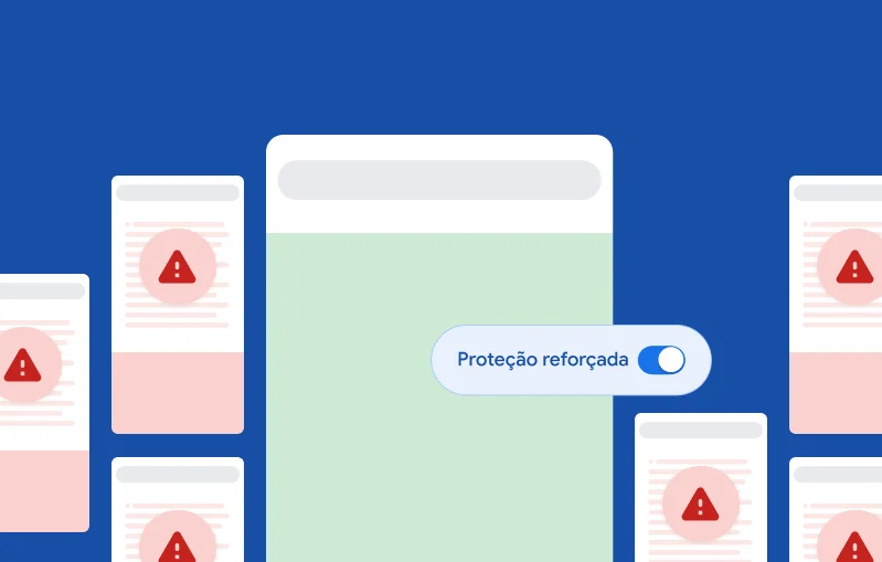 Ilustração de uma janela de navegador limpa com o botão de ativação da Proteção Reforçada ligado, cercada por janelas de navegador que mostram símbolos vermelhos de aviso de ameaça.