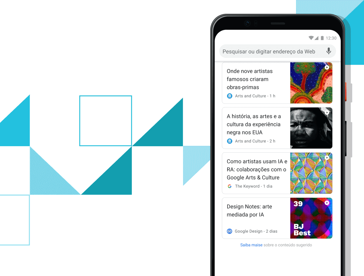 Artigos para você Smartphone Pixel 4 XL com a tela exibindo links de artigos selecionados.