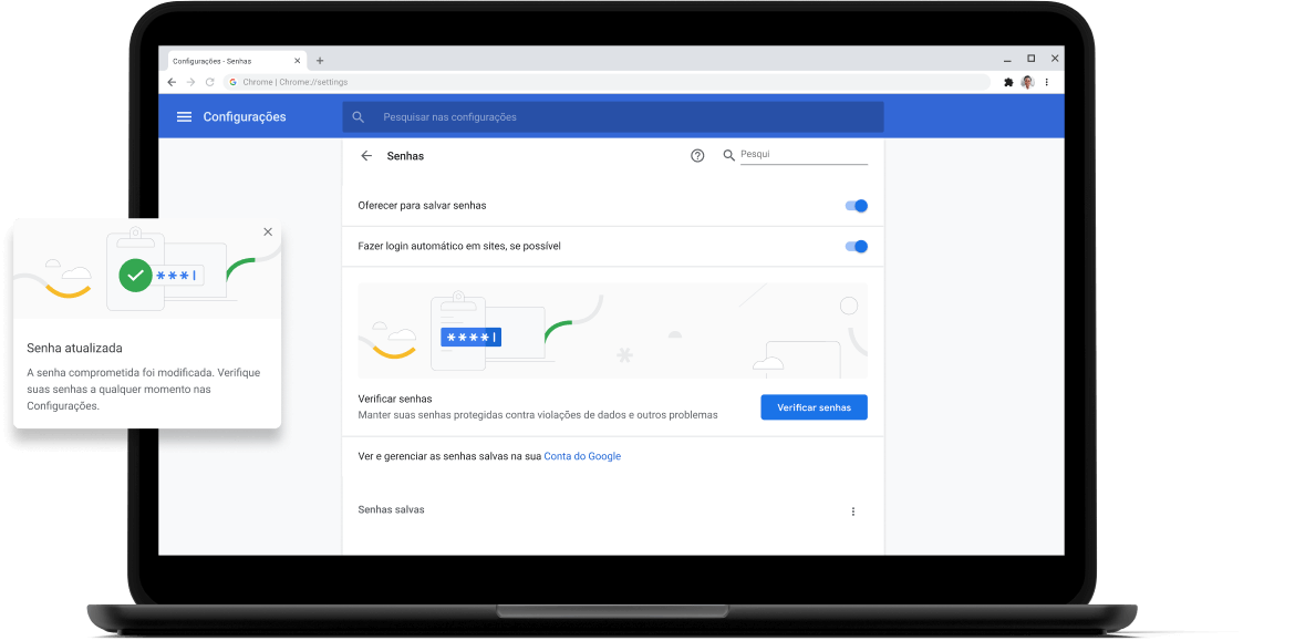 Verificação de senha Pixelbook Go laptop with screen displaying Chrome password check with a passsword update dialog box.