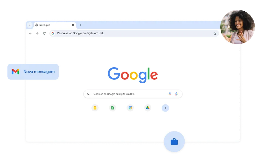 O fundo branco da página da Pesquisa Google. Há uma foto de uma mulher em um canto.
