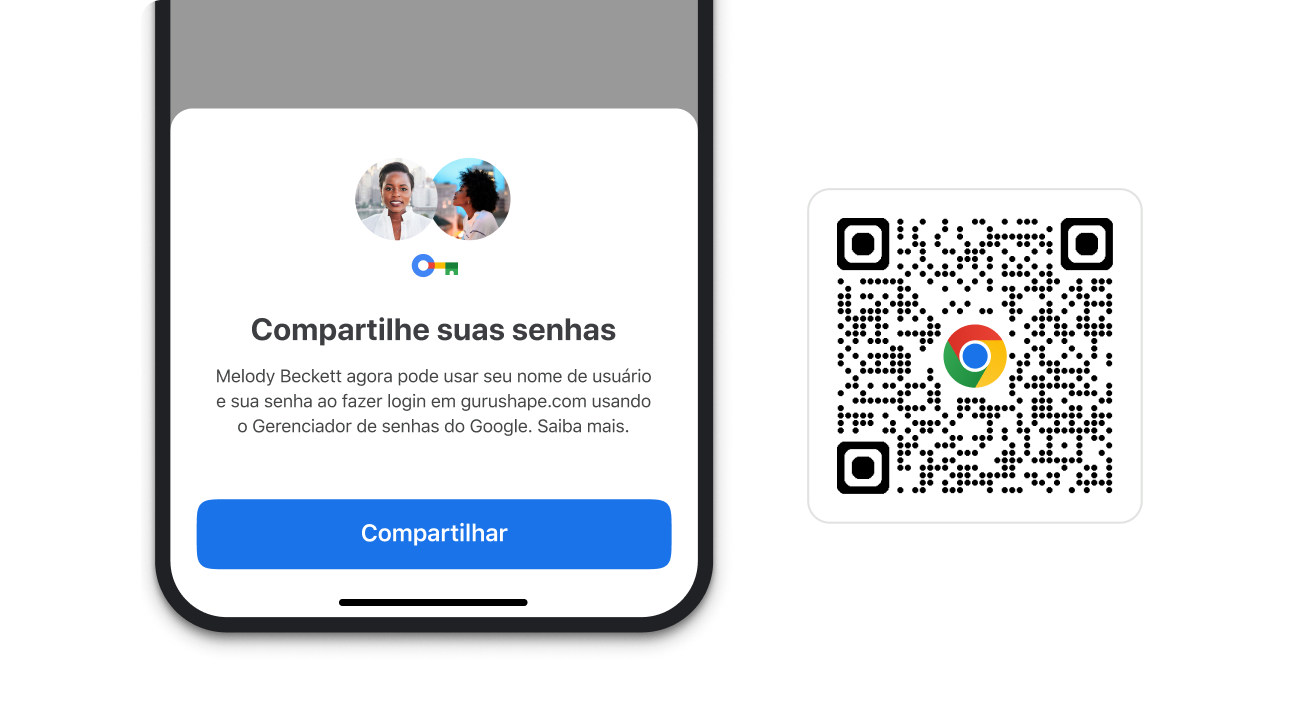 Um módulo no Chrome que permite compartilhar senhas. Ao lado do módulo, há um QR code que pode ser usado para baixar o Chrome.