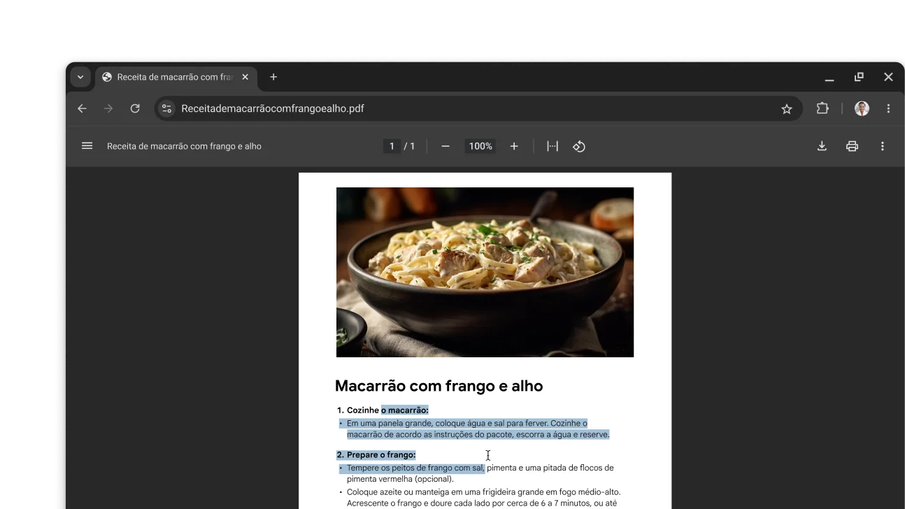 Um PDF com uma receita está aberto em uma janela do navegador Chrome. O usuário selecionou um texto no PDF.