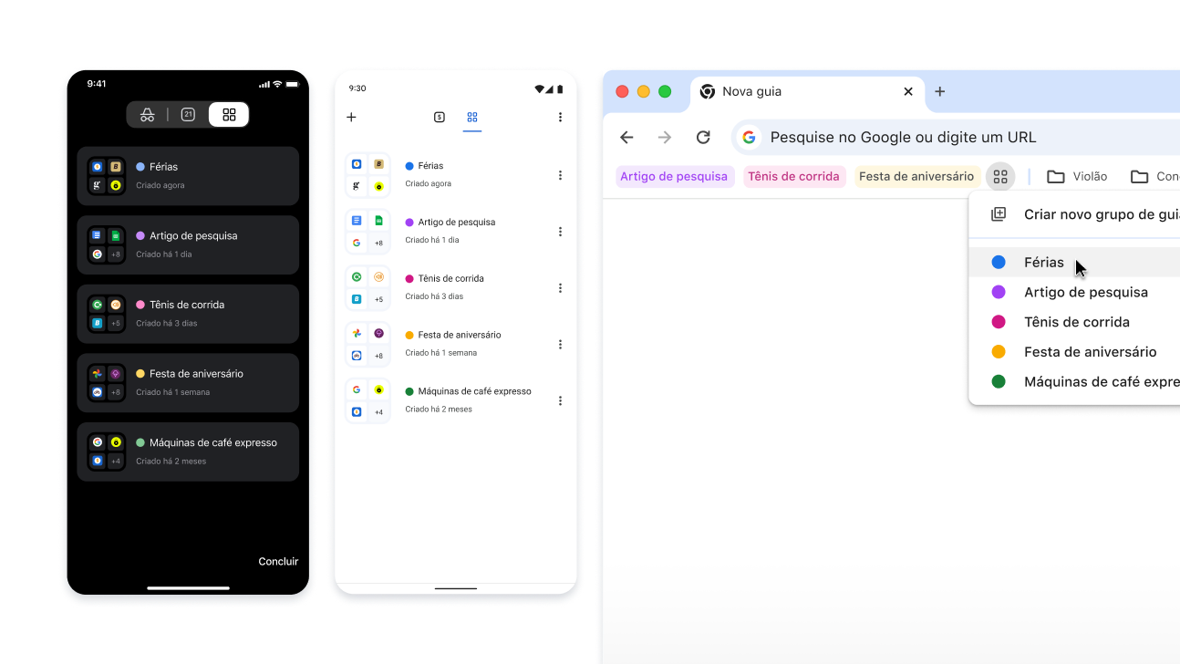 Grupos de guias em dispositivos iOS, Android e desktop