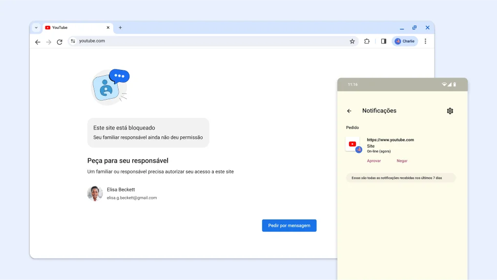 Site bloqueado pelo controle da família e uma notificação do Family Link para aprovar o acesso
