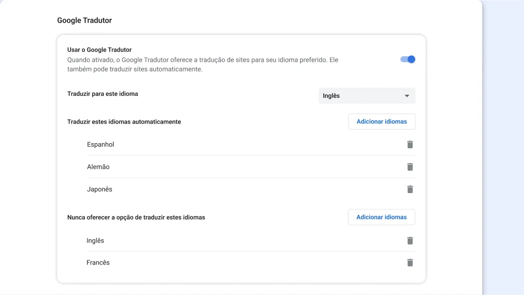 Página de configuração do Google Tradutor no Chrome