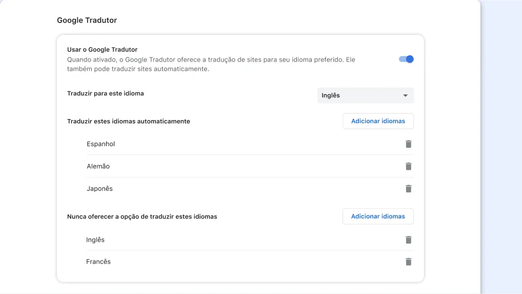 Página de configuração do Google Tradutor no Chrome
