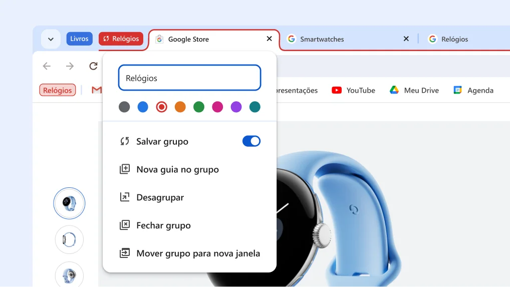Menu de grupo de guias aberto mostrando as novas opções de salvar e ocultar grupo