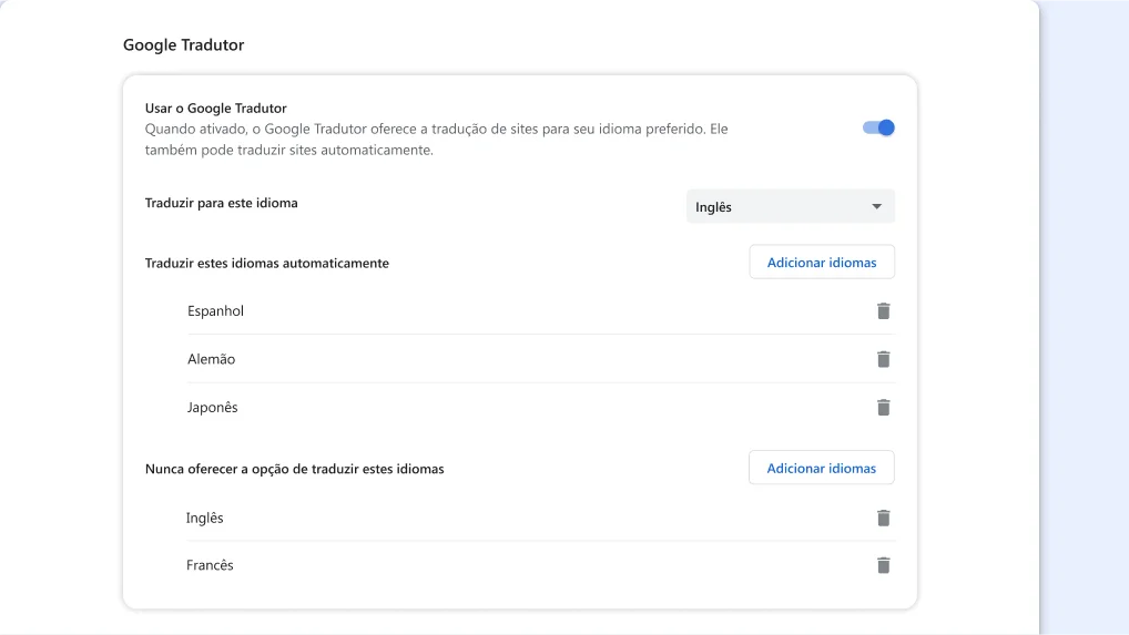 Página de configuração do Google Tradutor no Chrome