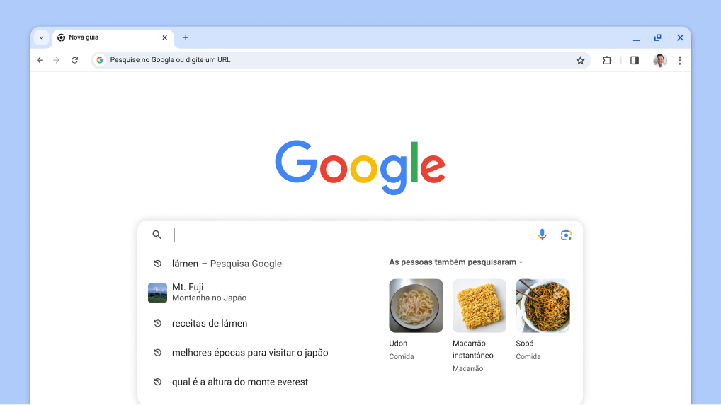 O cursor aparece na caixa de pesquisa com pesquisas anteriores e temas relacionados carregados automaticamente.