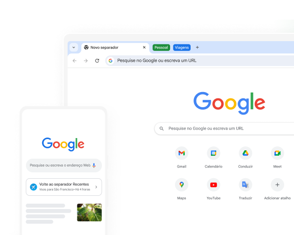Um dispositivo móvel e um computador desktop mostram a página inicial do Google no Chrome.