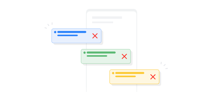 Uma interface abstrata mostrando três anúncios. Os anúncios têm um