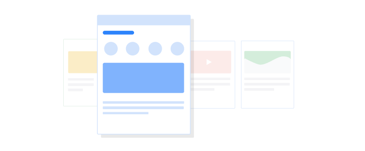 Uma interface abstrata mostrando quatro sites. Um deles aparece em destaque na frente dos outros três.