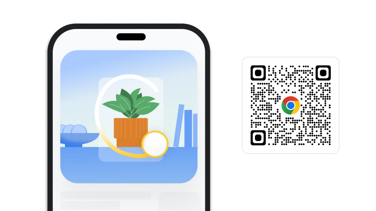 Imagem de uma pesquisa por desenho no Chrome. Ao lado da imagem, há um QR code que pode ser usado para baixar o Chrome.